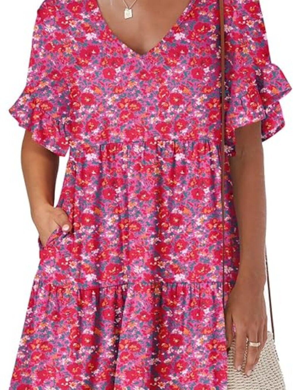 Anrabess Women's Red Stylish Neck Ruffle Sleeve A Line Tiered Mini Flowy Dress